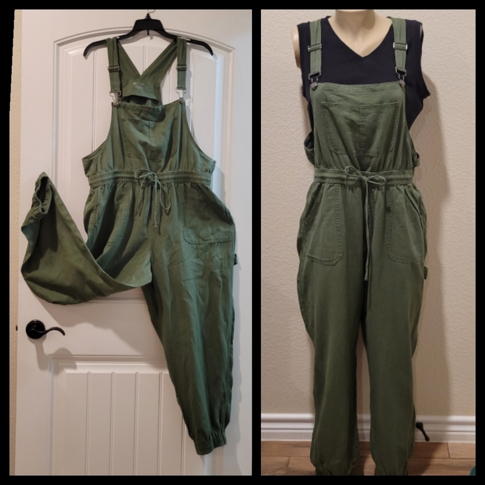 Elastic Leg Green Bib Overall Linen Blend Jr XL